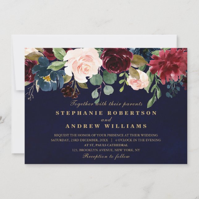 Convites Watercolor Burgundy Red Marinho Floral Russo Boho (Frente)