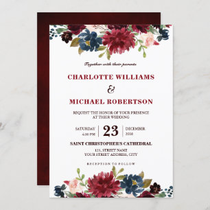 Convites Watercolor Burgundy Red Marinho Floral Russo Boho