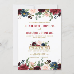 Convites Watercolor Burgundy Red Marinho Floral Russo Boho