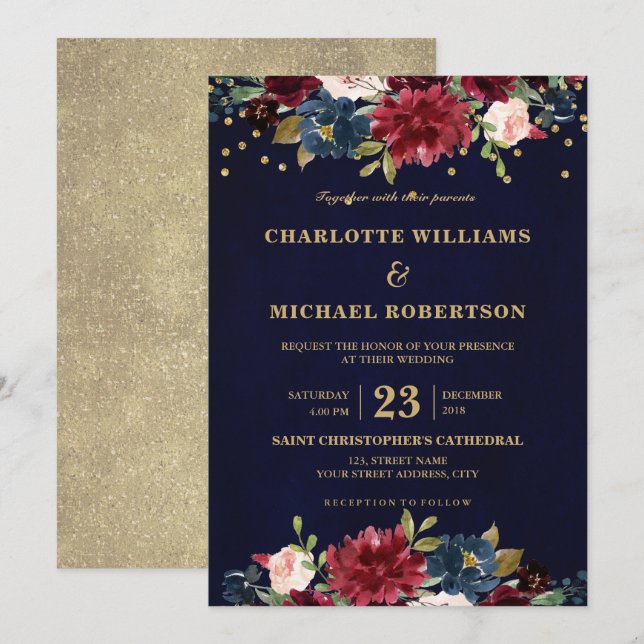 Convites Watercolor Burgundy Red Marinho Floral Russo Boho (Frente/Verso)