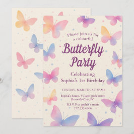Convites Watercolor Butterfly 1st Birthday Party