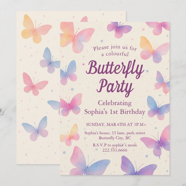 Convites Watercolor Butterfly 1st Birthday Party (Frente/Verso)