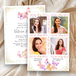 Convites Watercolor Butterfly Quinceanera com 4 Fotografias