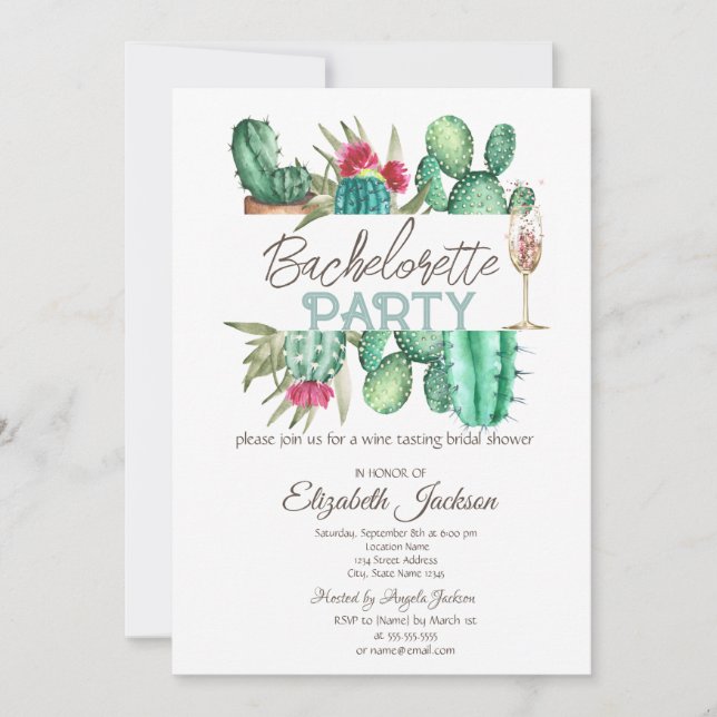 Convites Watercolor Cactus Bolinhas Bachelorette (Frente)