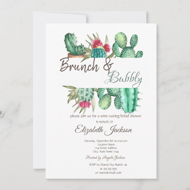 Convites Watercolor Cactus Brunch e Bubble (Frente)