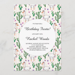 Convites Watercolor Cactus e Llama Birthday Fiesta