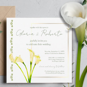 Convites Watercolor Calla Lily com Casamento Dourado