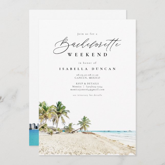 Convites Watercolor Cancun México Bachelorette Itinerary (Frente/Verso)
