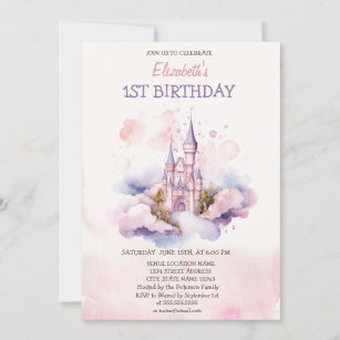 Convites Watercolor Castle Clouds Fairytale Birthday