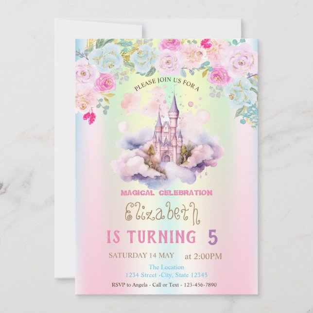Convites Watercolor Castle FIowers Iridescent Birthday (Frente)