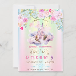Convites Watercolor Castle FIowers Iridescent Birthday