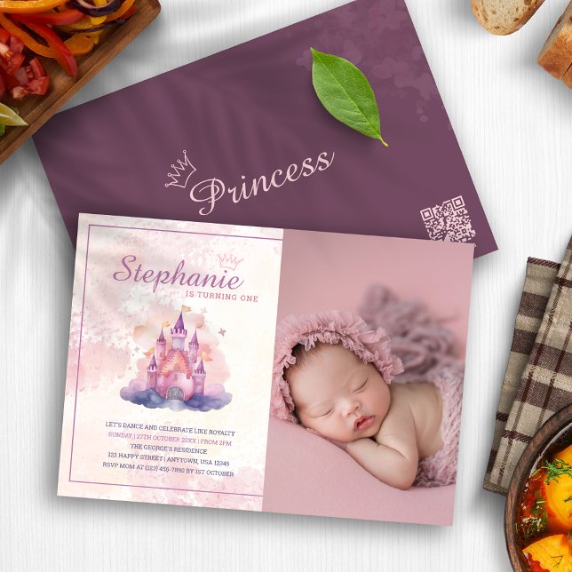 Convites Watercolor Castle Pink Babygirl Foto de primeiro a (Watercolor Castle Pink Babygirl 1st Birthday Photo Invitation)