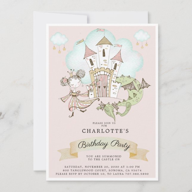 Convites Watercolor Castle Princess Dragon Pink Birth (Frente)