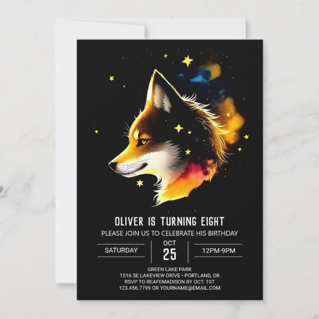 Convites Watercolor Celestial Wolf Cub Howl Aniversário (Frente)