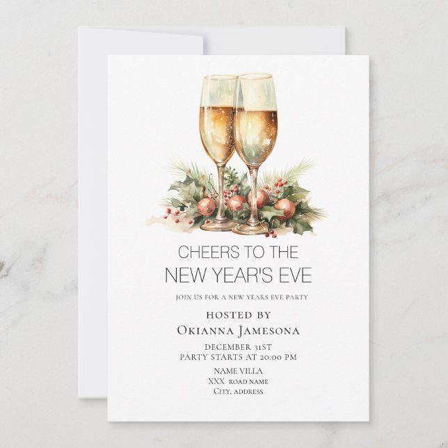 Convites Watercolor Champagne New Year's Eve Party  (Frente)