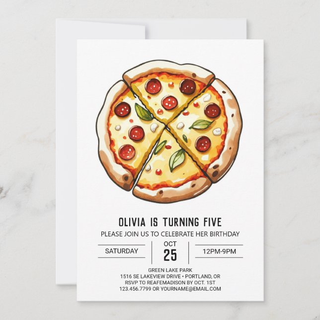 Convites Watercolor Cheese Pizza Birthday (Frente)