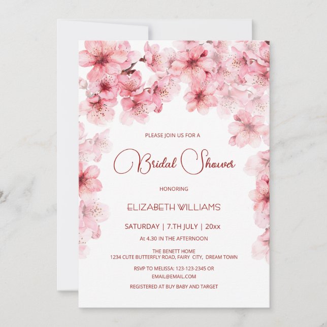 Convites  Watercolor Cherry Blossom Bridal Shower (Frente)