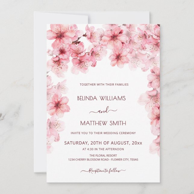 Convites  Watercolor Cherry Blossom Wedding (Frente)