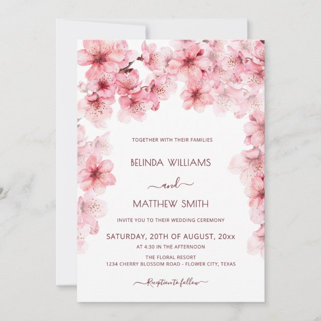 Convites  Watercolor Cherry Blossom Wedding (Frente)