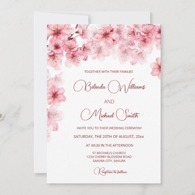 Convites Watercolor Cherry Blossom Wedding (Frente)