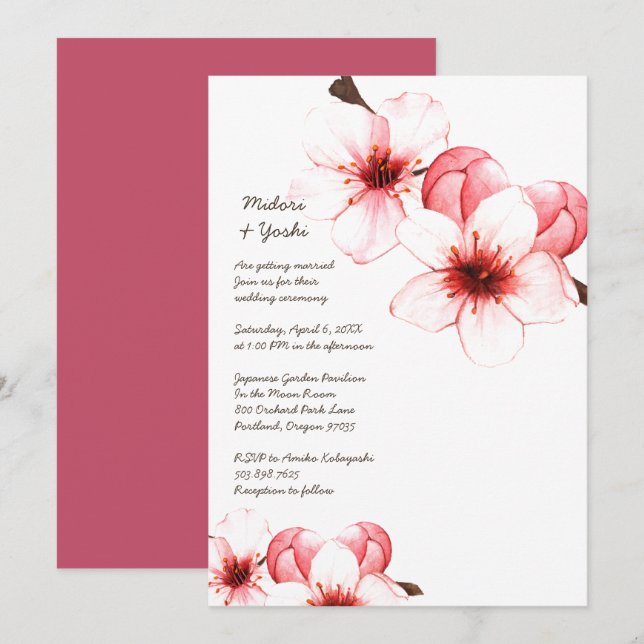 Convites Watercolor Cherry Blossoms Casamento Branco Rosa I (Frente/Verso)