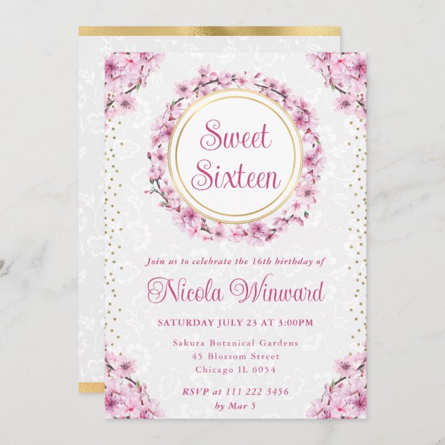 Convites Watercolor Cherry Blossoms Wreath Sweet 16 (Frente/Verso)