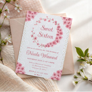 Convites Watercolor Cherry Blossoms Wreath Sweet 16