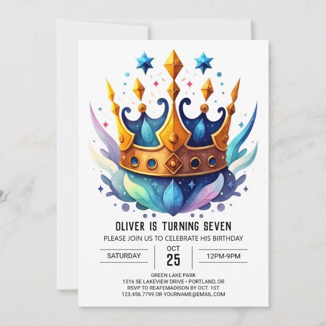 Convites Watercolor Chic Prince Crown Aniversário (Frente)