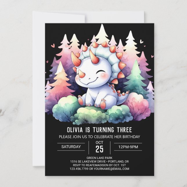Convites Watercolor Chic Triceratops Birthday (Frente)