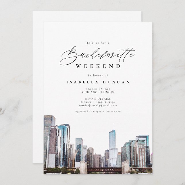 Convites Watercolor Chicago Bachelorette Itinerary e (Frente/Verso)