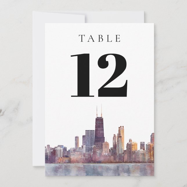 Convites Watercolor Chicago Skyline Table Number (Frente)