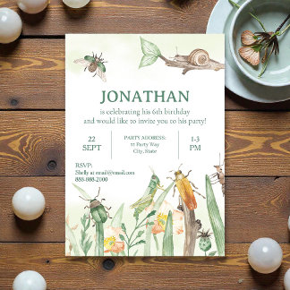 Convites Watercolor Child's Bug Insect Birthday Invitation