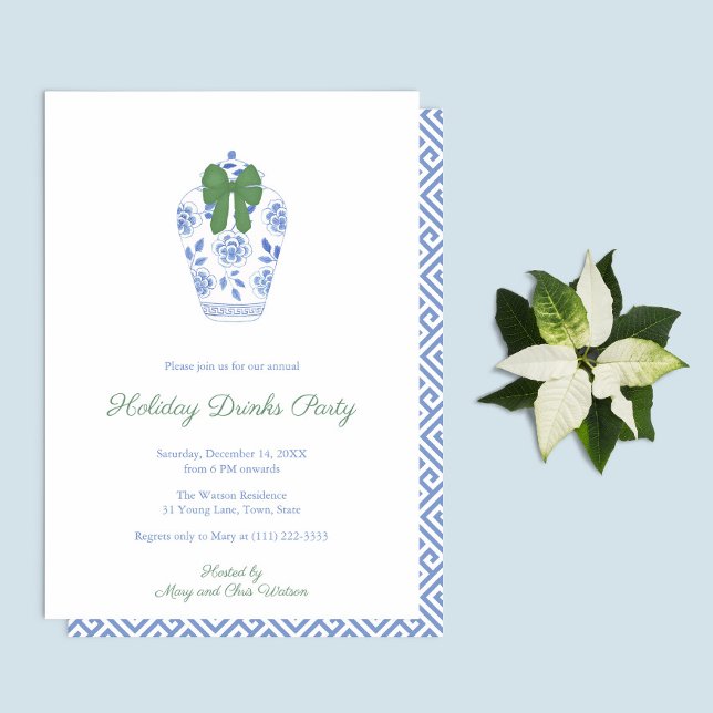 Convites Watercolor Chinoiserie Chic Smart Party (Blue And White Ginger Jar With Green bow hand painted watercolor holidays party invitation)