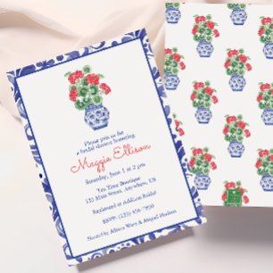 Convites Watercolor Chinoiserie Vase dos Alemães Vermelhos