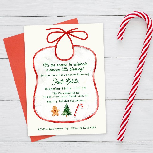 Convites Watercolor Christmas Baby Shower Bib Invitation (Criador carregado)