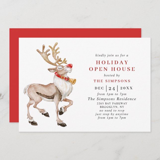 Convites Watercolor Christmas Reindeer HOLIDAY ABEN HOUSE (Frente/Verso)