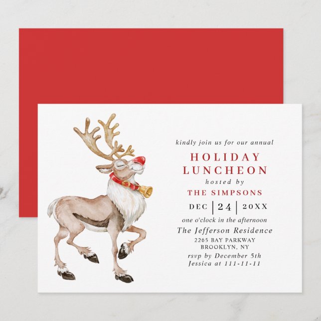 Convites Watercolor Christmas Reindey HOLIDAY LUNCHEON (Frente/Verso)