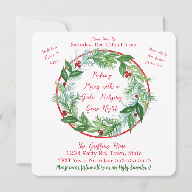 Convites Watercolor Christmas Wreath MAHJONG (Frente)