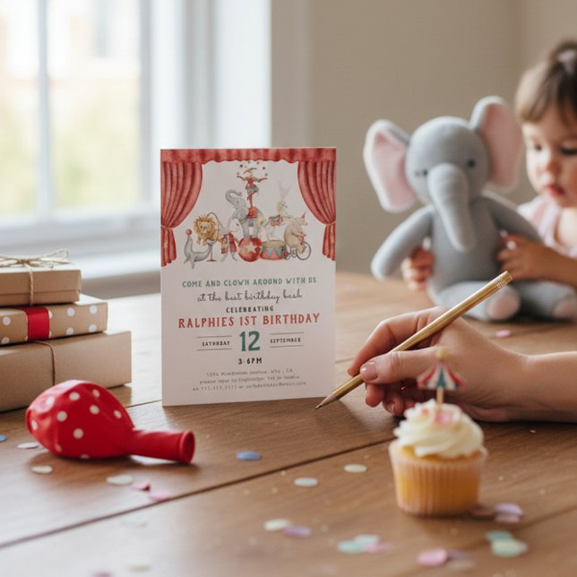 Convites Watercolor Circus Elephant First Birthday (Criador carregado)