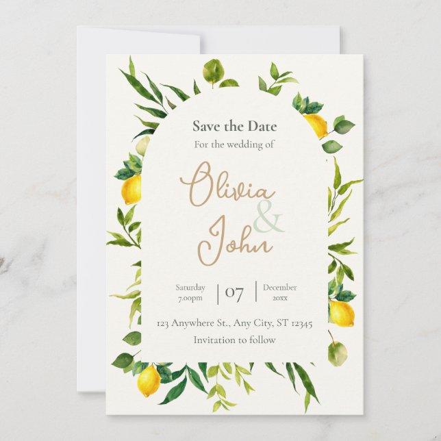 Convites Watercolor Citrus Lemon Arch Save the Date Card (Frente)
