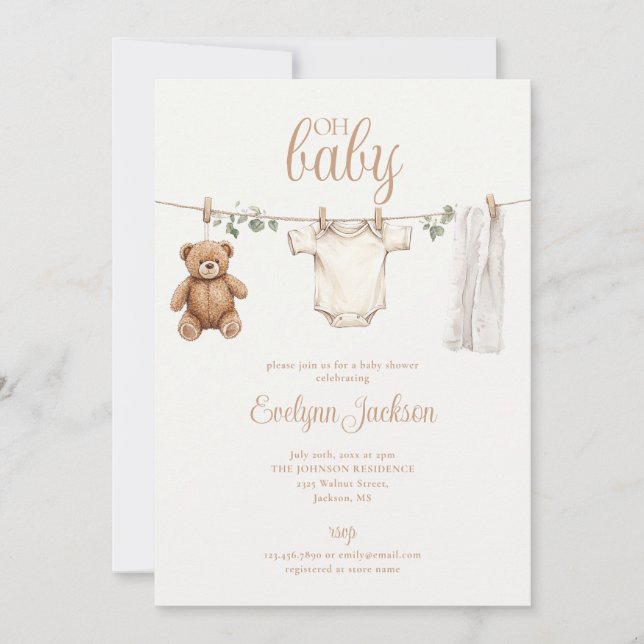 Convites Watercolor Clothesline Neutral Baby Shower (Frente)