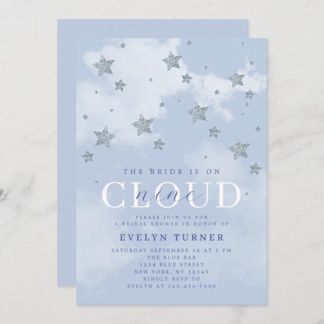 Convites Watercolor Cloud 9 Stars Blue White Bridal Shower  (Frente/Verso)