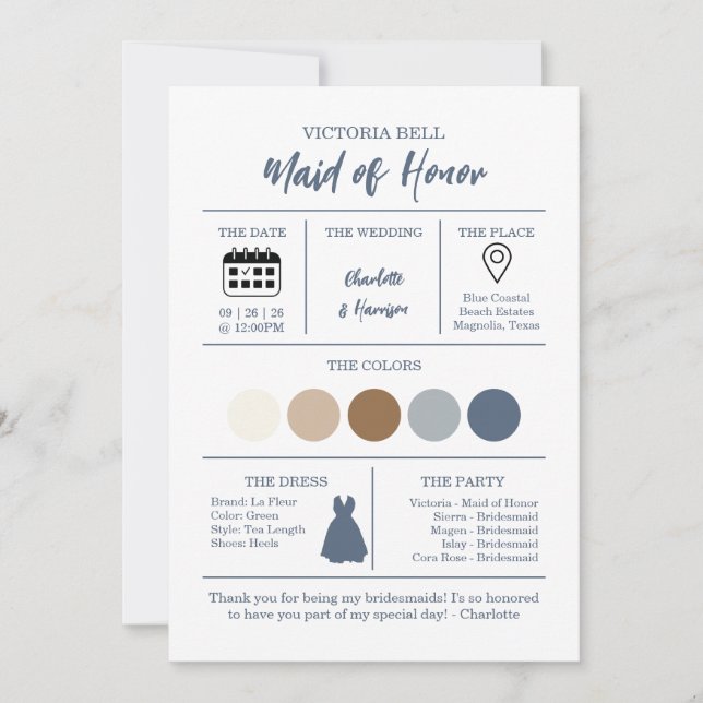 Convites Watercolor Coastal Bridesmaid Information Card (Frente)