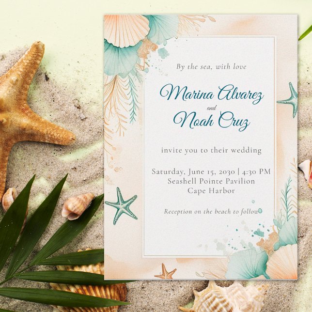 Convites Watercolor Coastal Chic Beach Wedding Invitation (Criador carregado)