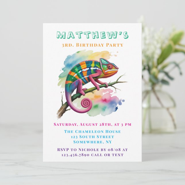 Convites Watercolor Colorful Chameleon Birthday Party (Em pé/Frente)