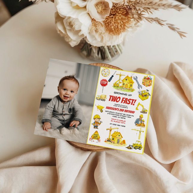 Convites Watercolor Construction 2nd Birthday Party  (Watercolor Construction 2nd Birthday Party Invitation)