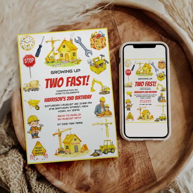 Convites Watercolor Construction 2nd Birthday Party  (Watercolor Construction 2nd Birthday Party Invitatio)