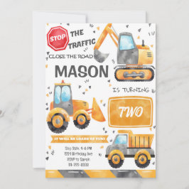 Convites Watercolor Construction Trucks - Aniversário