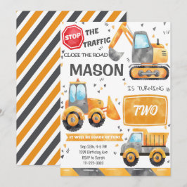 Convites Watercolor Construction Trucks - Aniversário