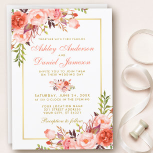 Convites Watercolor Coral Floral e Dourado Casamento